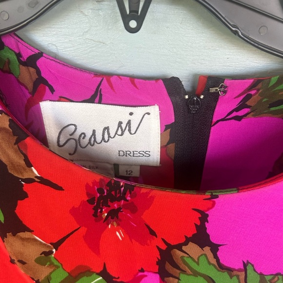 Scaasi Vintage Pink Floral Long Sleeve Layered 100% Silk Mini Dress Size 12 Belt - Picture 8 of 8